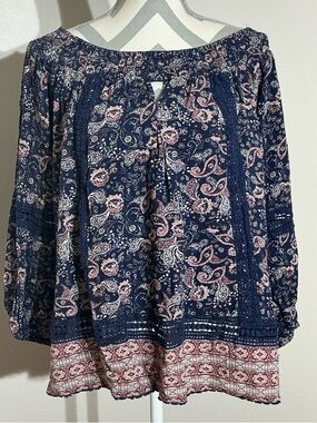 Knox Rose XL Navy Paisley Off-Shoulder Peasant Blouse